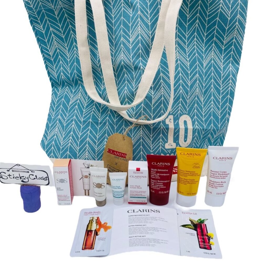 CLARINS Skincare Gift Set-Blue Tote-Cream,Cleanser,Lotion,Mask & Primer-6pc-NEW